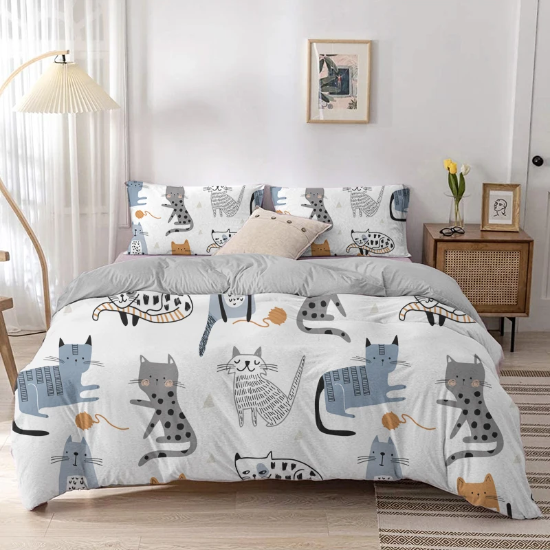 Linen Duvet Cover - Kot kreskówkowy zestaw poszewek Cartoon nadruk