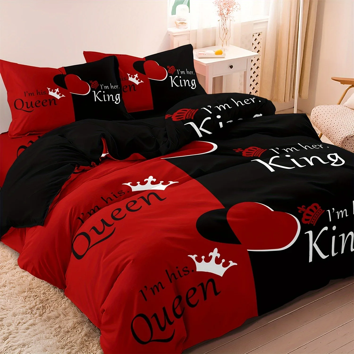 Linen Duvet Cover - Stylowy czerwono-czarny zestaw pościeli z motywem