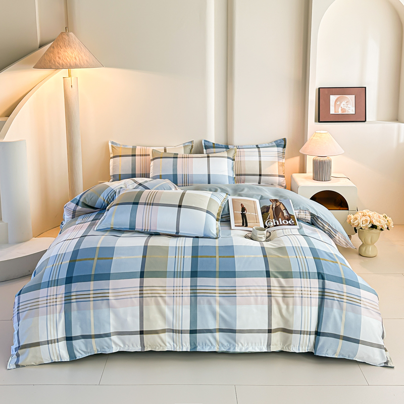 Linen Duvet Cover - 4-częściowy niebieski zestaw pościeli w kratę,